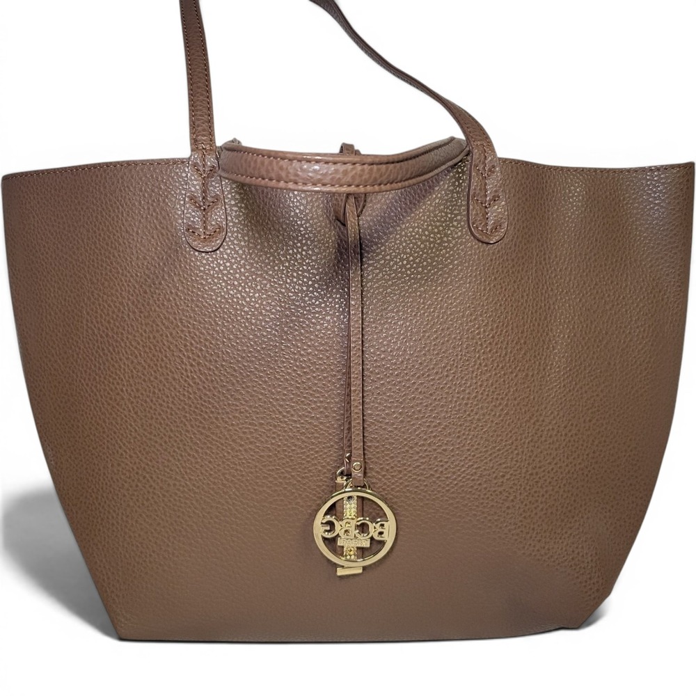 BCBG Paris Brown Pebbled Vegan Leather Tote Bag Orange Interior Gold Logo Charm